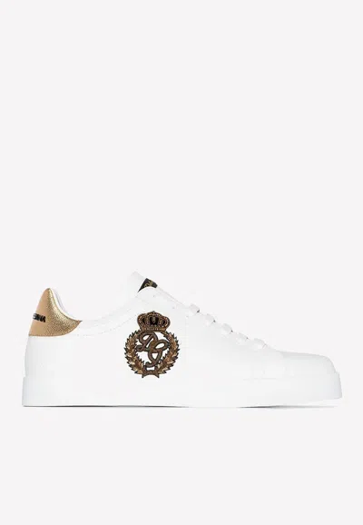 Dolce & Gabbana Iconic Leather Sneakers With Embroidered Crest And Luxurious Detailing In White