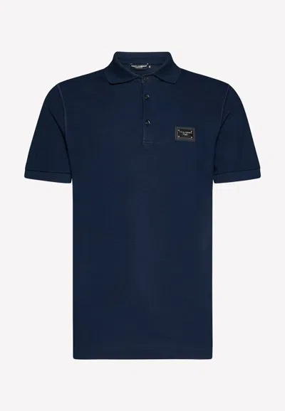 Dolce & Gabbana Cotton Polo Shirt With Buttoned Collar And Ribbed Accents In Navy