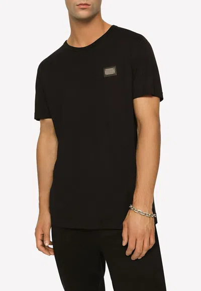 Dolce & Gabbana Black T-shirt With Logo Tag Detail On The Front In Cotton Man In Black