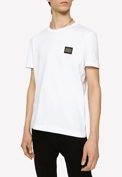 Dolce & Gabbana White Crewneck T-shirt With Logo Plate In Cotton Man In White