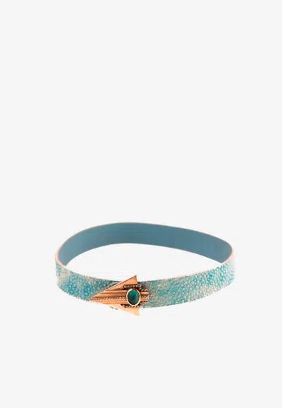 Djihan Petra Diamond Paved Bracelet In Leather And 18-karat Rose Gold In Light Blue