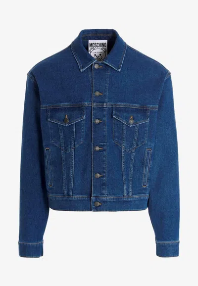 Moschino Teddy Embroidery Cotton Denim Jacket In Blue