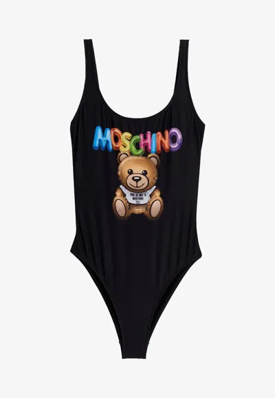 Moschino Teddy-print One-piece Swimsuit In Black