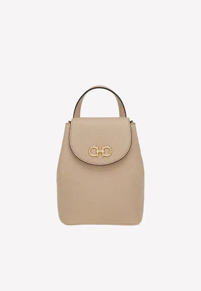 Ferragamo Mini Gancini Backpack In Hammered Leather In Beige
