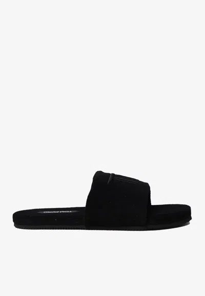 Tom Ford Velvet Effect Slippers Embroidered Logo Shoes In Black
