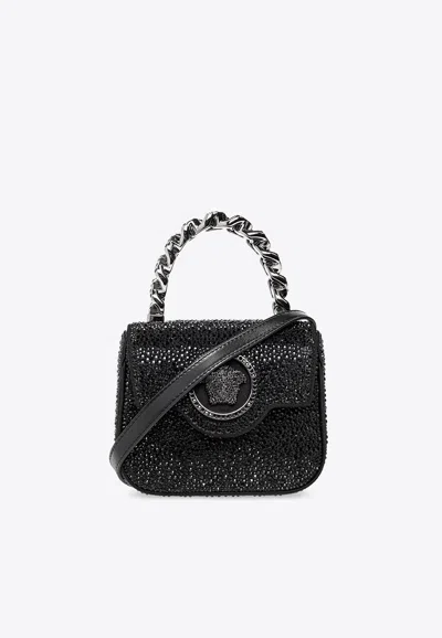 Versace Mini La Medusa Crystal-embellished Shoulder Bag In Black