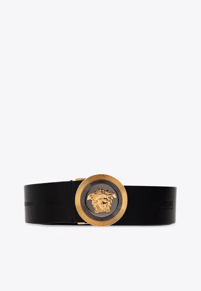 Versace Medusa Streamlined Leather Belt With Adjustable Length And Gold-tone Buckle In Black