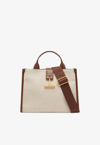 Tom Ford Tara Medium Canvas Top-handle Bag In Beige