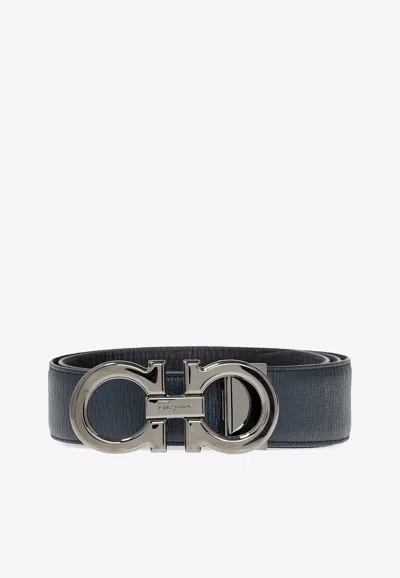Ferragamo Reversible Leather Belt With Gancini Logo In Navy