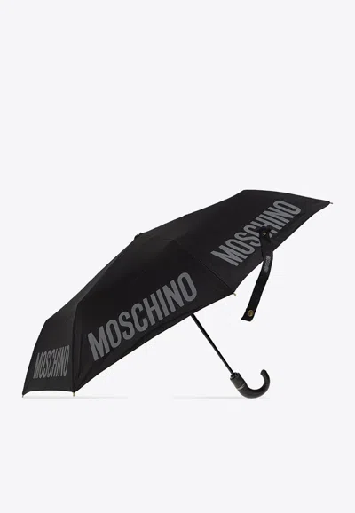 Moschino Logo Print Folding Umbrella In Black