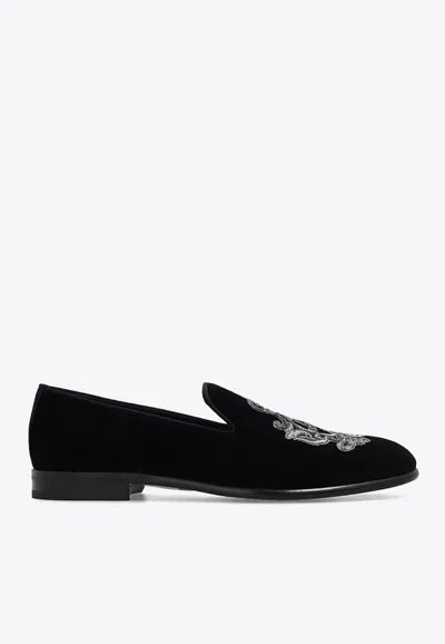Dolce & Gabbana Leonardo Velvet Slippers Dg Coat Of Arms In Black