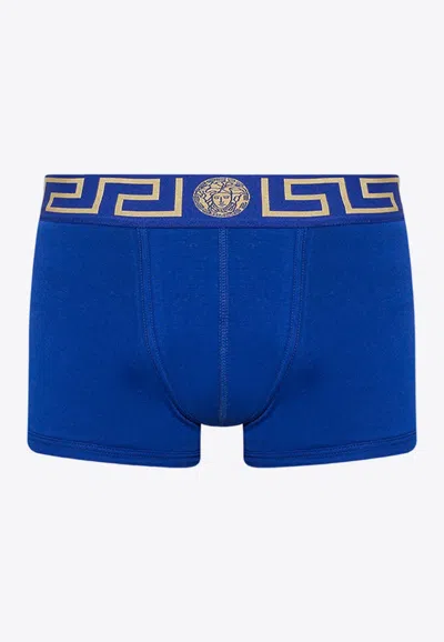 Versace Greca Border Stretched Boxer Briefs In Blue