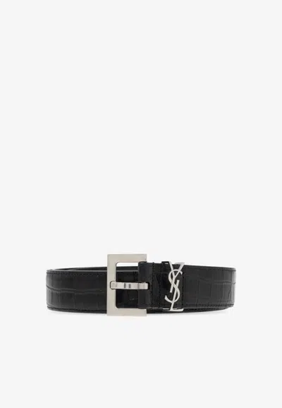 Saint Laurent Logo Plaque Croc-embossed Leather Belt In Black
