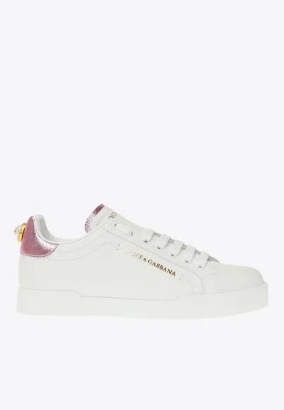 Dolce & Gabbana Portofino Leather Low-top Sneakers With Lateral Lettering Logo In White