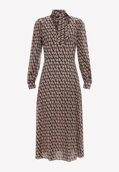 Valentino Iconographe Midi Silk Dress With Scarf Detail In Beige
