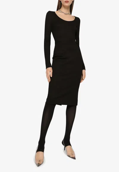 Dolce & Gabbana Milano Rib Midi Dress With Dg Logo In Black