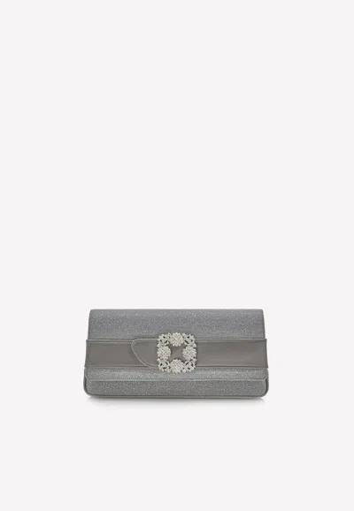 Manolo Blahnik Gothisi Glitter Crystal Buckle Clutch In Silver