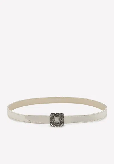 Manolo Blahnik Mini Hangisi Crystal Buckle Satin Belt In Cream