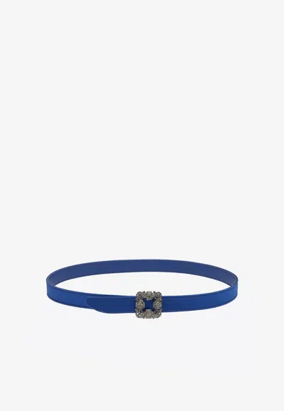 Manolo Blahnik Mini Hangisi Satin Belt With Crystal Buckle In Blue