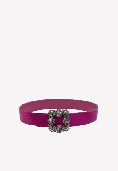 Manolo Blahnik Hangisi Crystal Buckle Satin Belt In Fuchsia