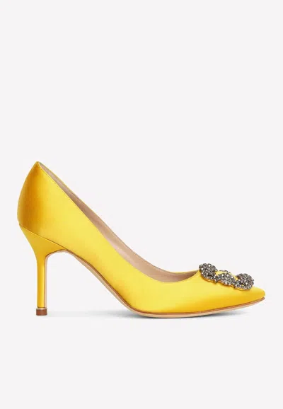 Manolo Blahnik Hangisi 105 Buckle-embellished Satin Courts In Yellow