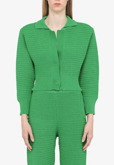 Art Essay Green Knitted Cardigan White Knitted Cardigan In Green