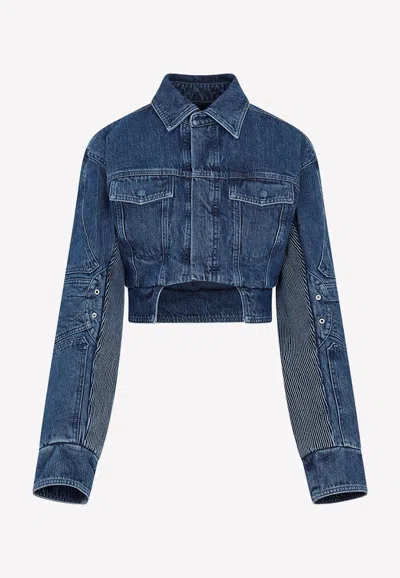 Off-white Cropped Denim Moto Jacket With Front Cutout In Blue