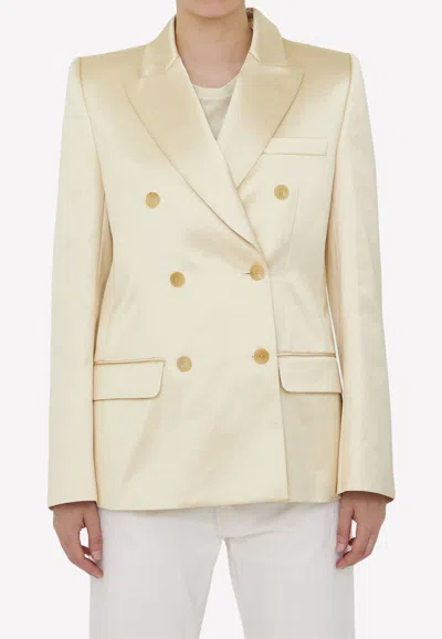 Khaite Nathan Double-breasted Cotton-blend Satin Blazer In Beige