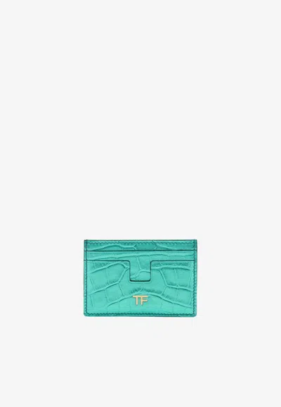 Tom Ford Tf Cardholder In Metallic Croc Embossed Leather In Blue