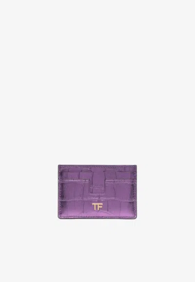 Tom Ford Tf Cardholder In Metallic Croc Embossed Leather In Purple