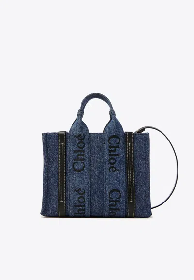 Chloé Small Woody Denim Tote Bag In Denim