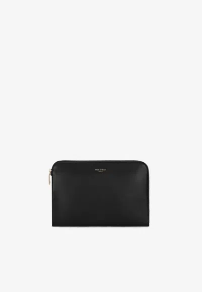 Dolce & Gabbana Leather Logo Wristlet In Black