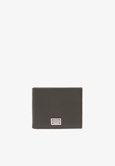 Dolce & Gabbana Logo Plate Leather Bi-fold Wallet In Khaki