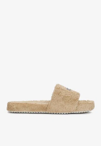 Dolce & Gabbana Terrycloth Sliders With Logo Tag In Beige