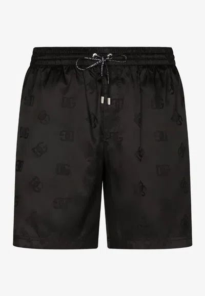 Dolce & Gabbana Mid-length Jacquard Swim Trunks With Dg Monogram In Black
