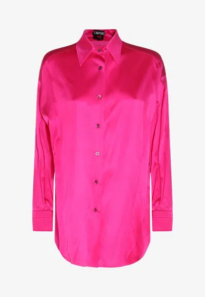 Tom Ford Stretch Silk Satin Fitted Shirt In Pink