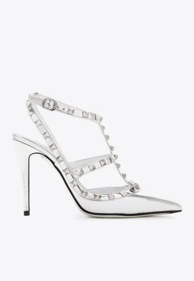 Valentino Garavani Pointed Toe Patent Leather Pumps With Ankle Strap And Square Studs In White