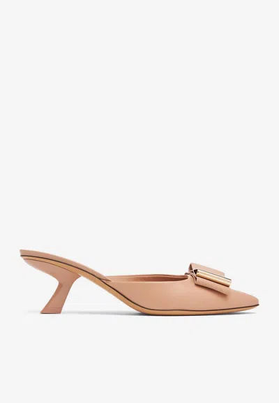 Ferragamo Double Bow Leather Mules In Beige