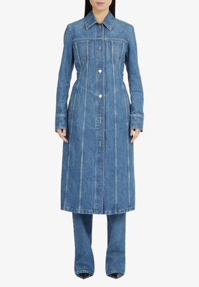 Ferragamo Button-front Long Denim Trench Coat In Blue