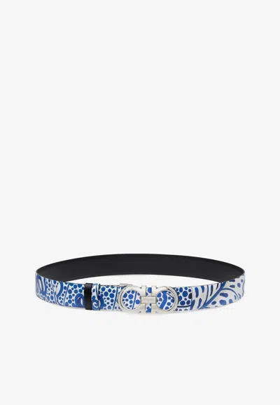 Ferragamo Reversible Printed Gancini Belt In Blue