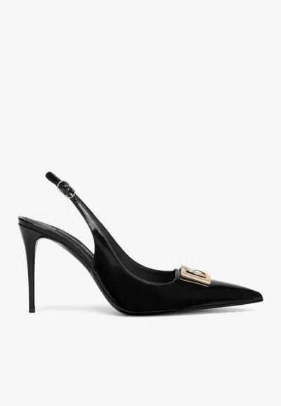 Dolce & Gabbana Lollo 90 Slingback Pumps In Polished Calfskin In Black