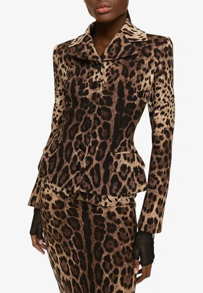 Dolce & Gabbana Single-breasted Double Crepe Jacket With Leopard Print In Brown