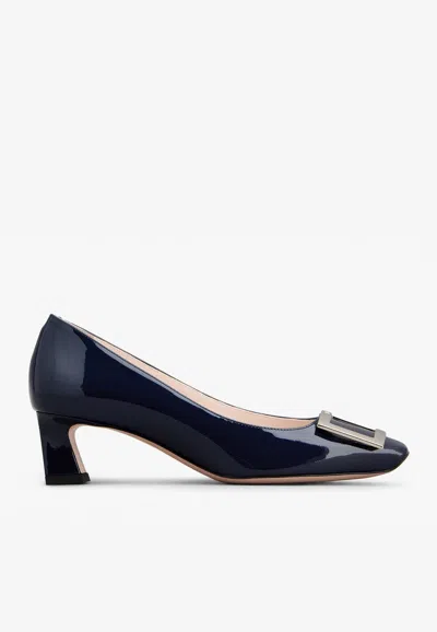Roger Vivier Trompette 45 Metal Buckle Pumps In Patent Leather In Blue