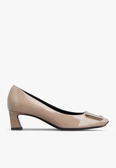 Roger Vivier Pointed Toe Pumps With Low Block Heel And Patent Finish In Beige