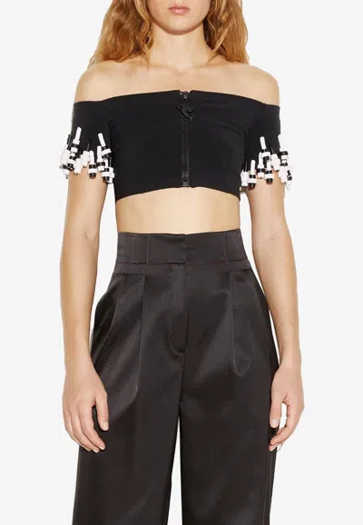 Pucci Fringe-trimmed Off-shoulder Cropped Top In Black