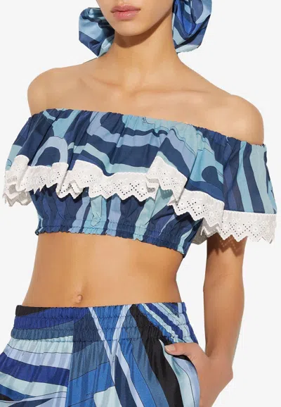 Pucci Marmo-print Cotton Crop Top In Blue