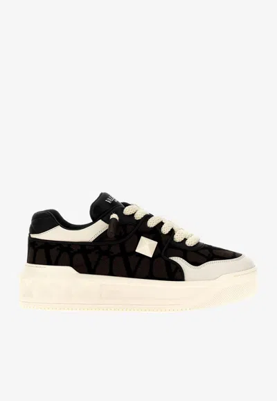 Valentino One Stud Xl Low-top Sneaker In Nappa Leather And Jacquard Toile Iconographe Technical Fabric In Fondant