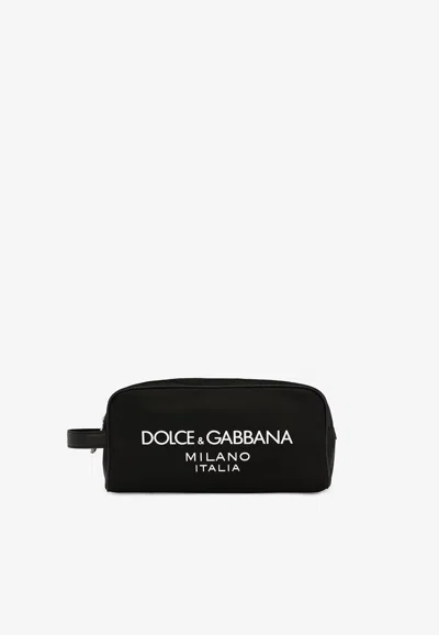 Dolce & Gabbana Nylon Toiletry Bag With Rubberized Logo In Black