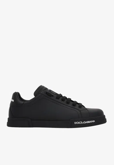 Dolce & Gabbana 'portofino' Black Low Top Sneakers With Logo Patch On The Tongue And Logo Lettering On The Side In Black