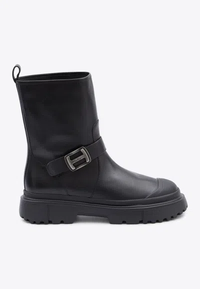Hogan H619 Leather Biker Boots In Black